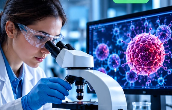 Conceptual biotechnology laboratory imagery showing a scientist and DNA